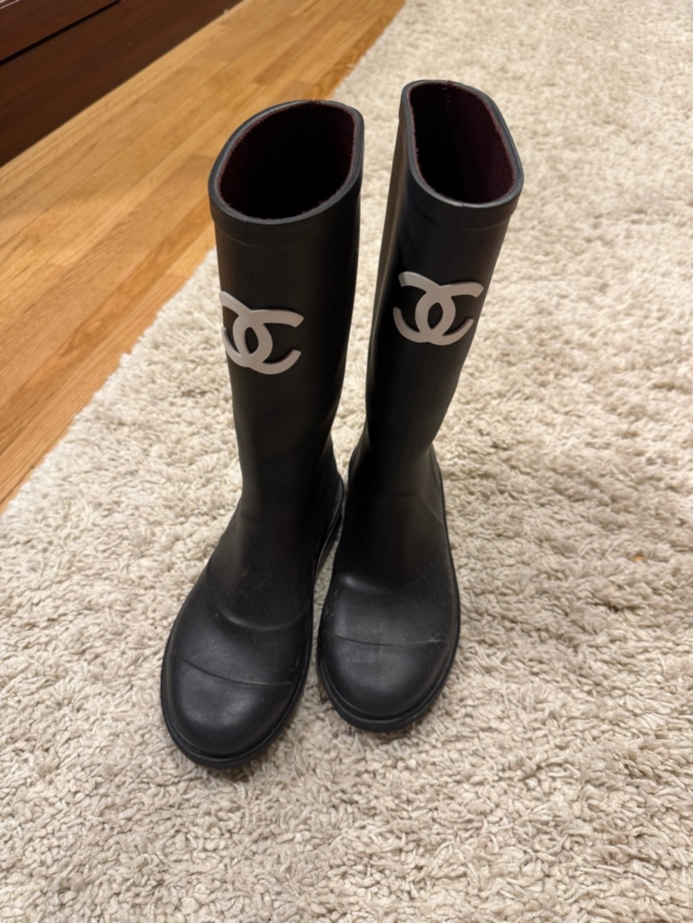 CHANEL Black Tall Rain Boots with White CC Logo
